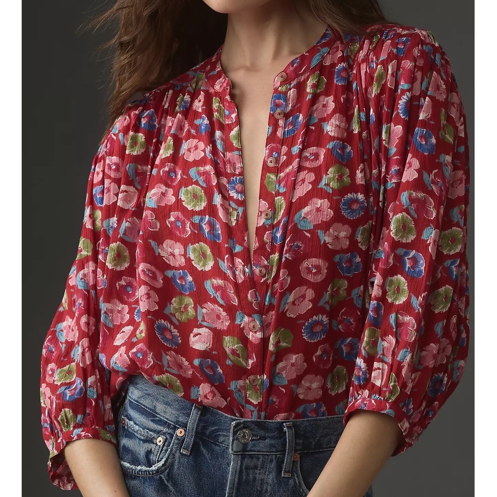 Anthropologie Pilcro Sidney Batwing Blouse Shrunken Edition Red Floral Top - Sm